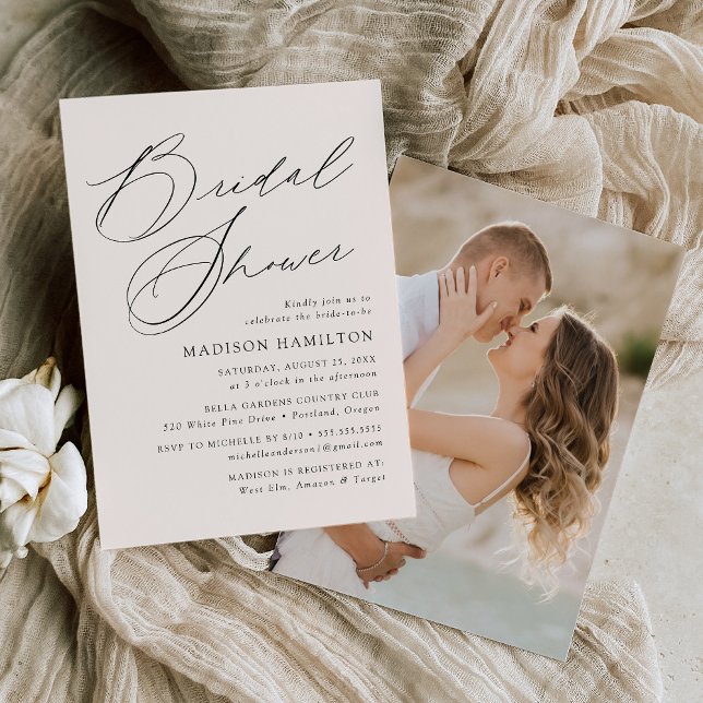 Modern Elegant Script Cream Photo Bridal Shower Invitation (Creator Uploaded)