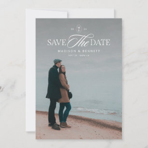 Modern Elegant Script Double-Sided Photo White Save The Date