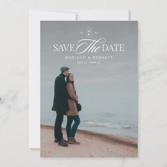 Modern Elegant Script Double-Sided Photo White Save The Date (Front)