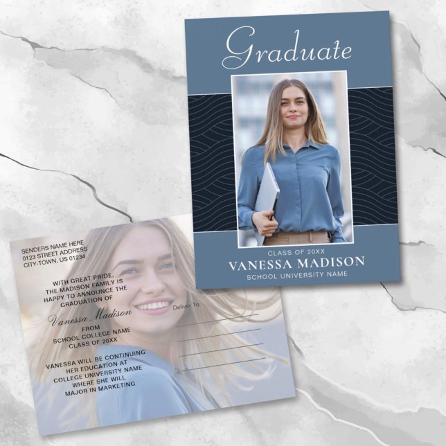 Modern | Elegant Script Dusty Blue 2 Photo Grad Postcard (Creator Uploaded)