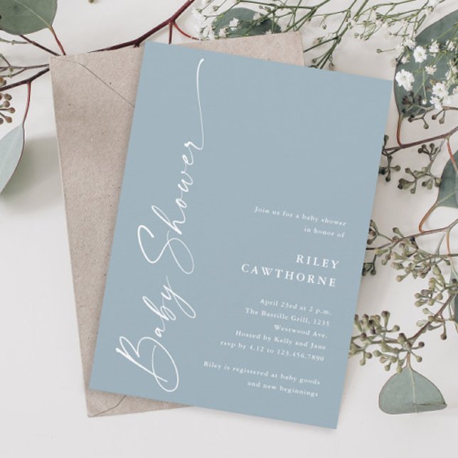 Modern Elegant Script Dusty Blue Baby Shower Invitation (Modern script dusty blue boho boys baby shower invitation.)