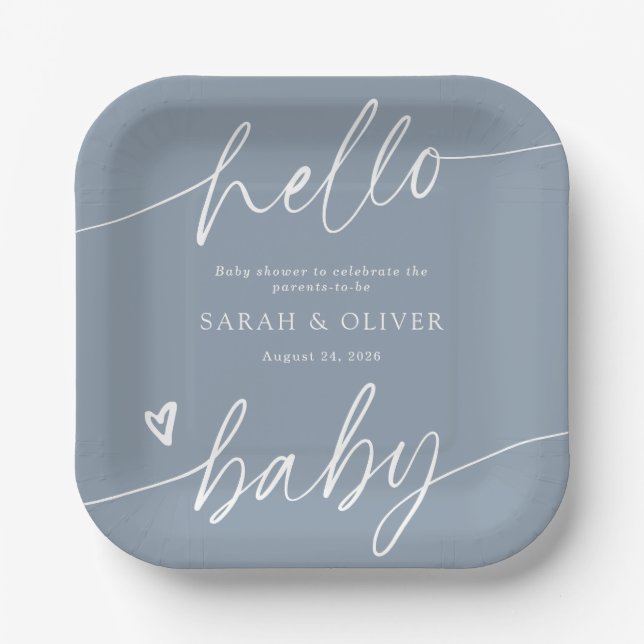 Modern Elegant Script Dusty Blue Baby Shower Paper Plate (Front)