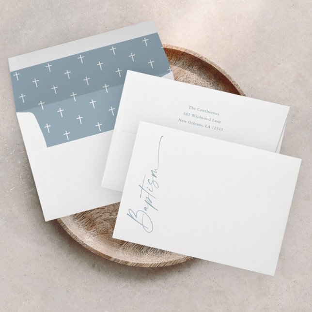 Modern Elegant Script Dusty Blue Boys Baptism Envelope (Moswen script dusty blue boys baptism envelope with return address.)