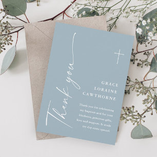 Modern Elegant Script Dusty Blue Boys Baptism Thank You Card