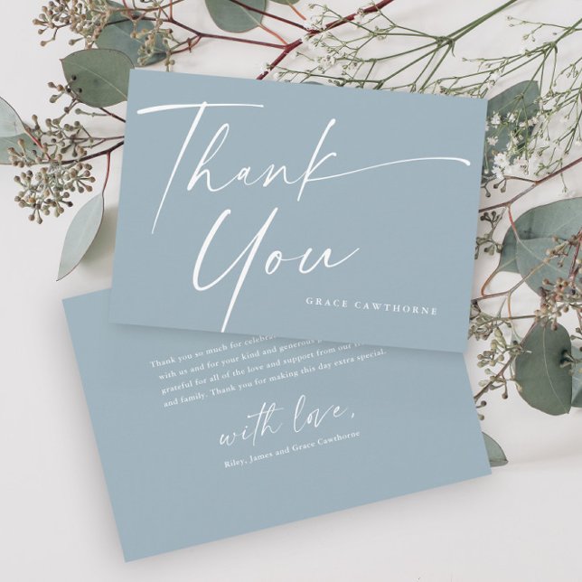 Modern Elegant Script Dusty Blue Boys Baptism  Thank You Card (Elegant script dusty blue boys baptism thank you card.)