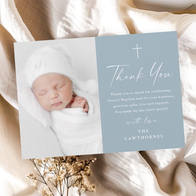 Modern Elegant Script Dusty Blue Photo Baptism Thank You Card (Modern elegant script dusty blue boys photo baptism thank you cad.)