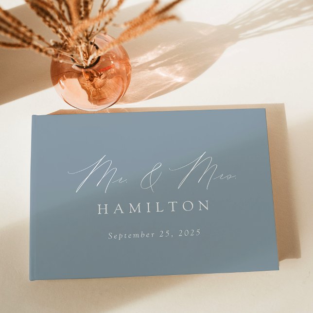 Modern Elegant Script Dusty Blue Photo Wedding Guest Book (Creator Uploaded)