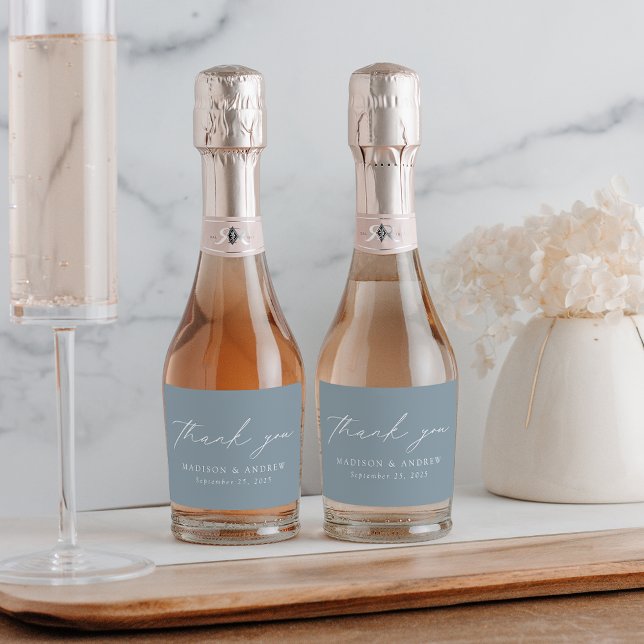 Modern Elegant Script Dusty Blue Thank You Sparkling Wine Label (Creator Uploaded)