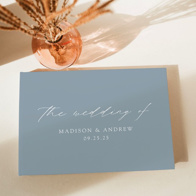 Modern Elegant Script Dusty Blue Wedding Guest Book (Creator Uploaded)