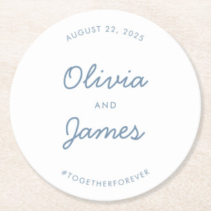 Modern Elegant Script Dusty Blue Wedding Hashtag Round Paper Coaster