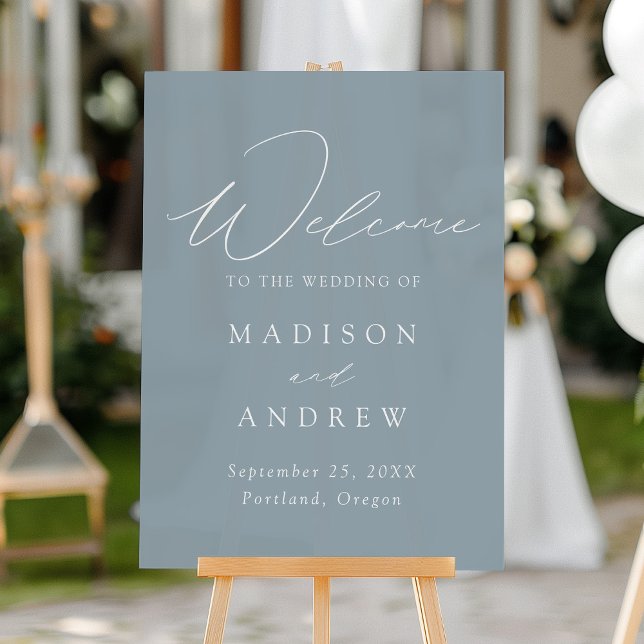 Modern Elegant Script Dusty Blue Wedding Welcome Acrylic Sign (Creator Uploaded)