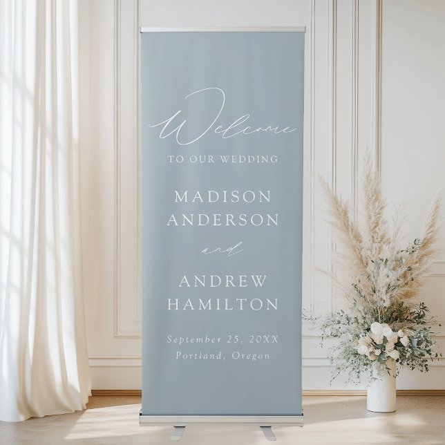 Modern Elegant Script Dusty Blue Wedding Welcome Retractable Banner (Creator Uploaded)
