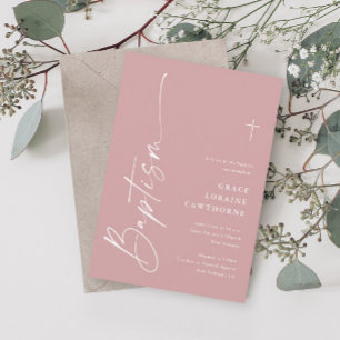 Modern Elegant Script Dusty Pink Girls Baptism Invitation