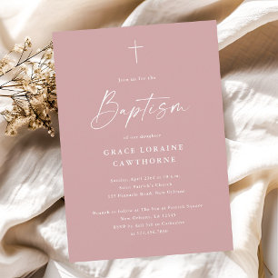 Modern Elegant Script Dusty Pink Girls Baptism Invitation