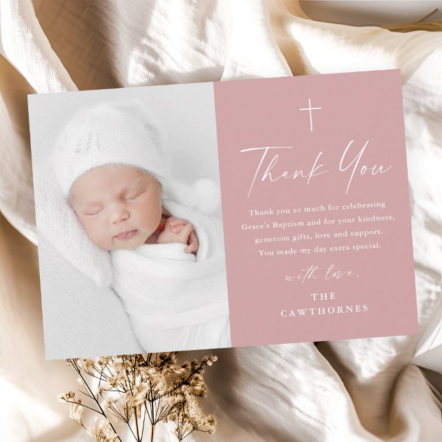Modern Elegant Script Dusty Pink Photo Baptism Thank You Card (Modern elegant script dusty pink girls photo baptism thank you cad.)