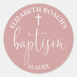 Modern Elegant Script Dusty Rose Pink Baptism Classic Round Sticker
