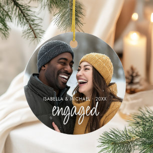 Modern Elegant Script Engaged Couple Photo Ceramic Tree Decoration