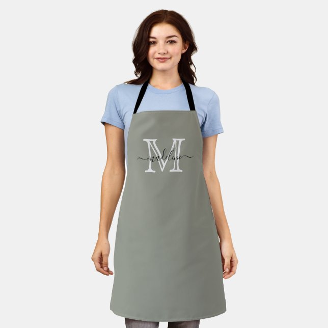 Modern Elegant Script Evergreen Fog Monogram Apron (Worn)