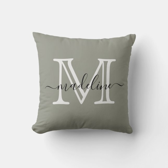 Modern Elegant Script Evergreen Fog Monogram Cushion (Front)