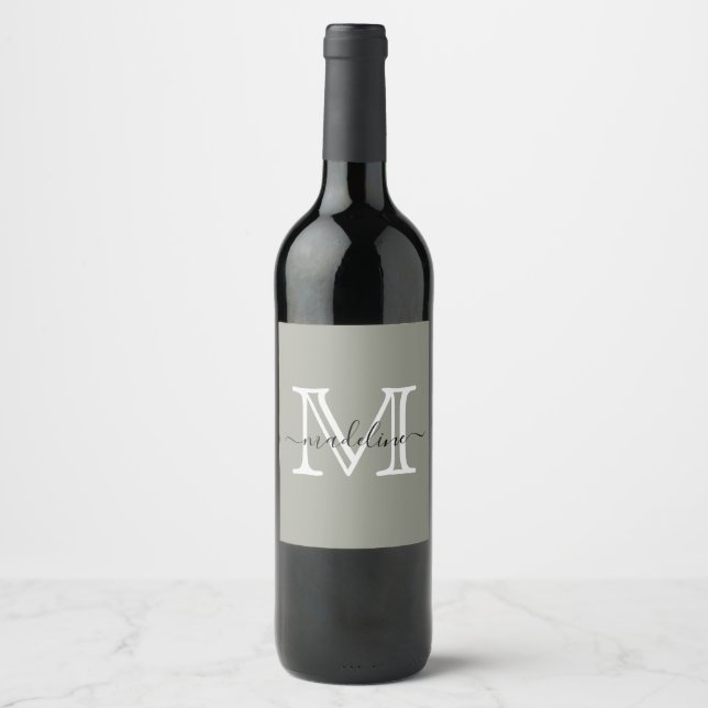 Modern Elegant Script Evergreen Fog Monogram Wine Label (Front)