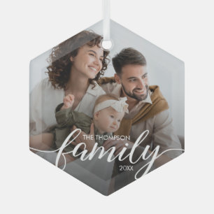 Modern Elegant Script Family love Christmas Photo Glass Tree Decoration