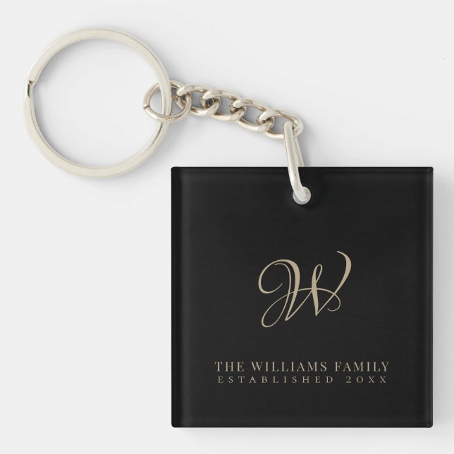 Modern Elegant Script Family Monogram Gold Black Key Ring (Front)