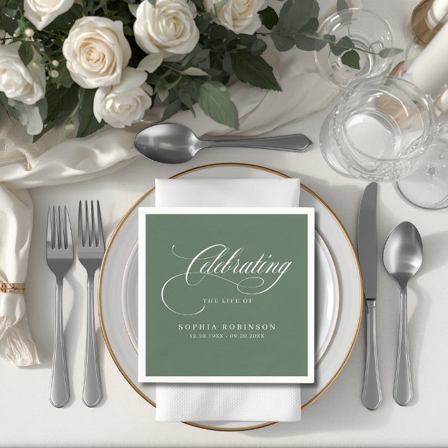 Modern Elegant Script Funeral Memorial Sage Green Napkin (Creator Uploaded)