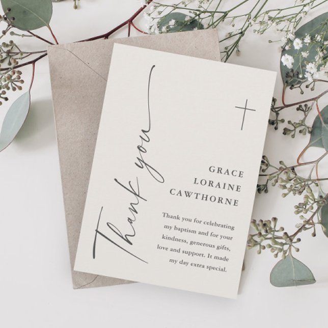 Modern Elegant Script Gender Neutral Baptism Thank You Card (Modern Script Gender Neutral Baptism Thank You Cards.)