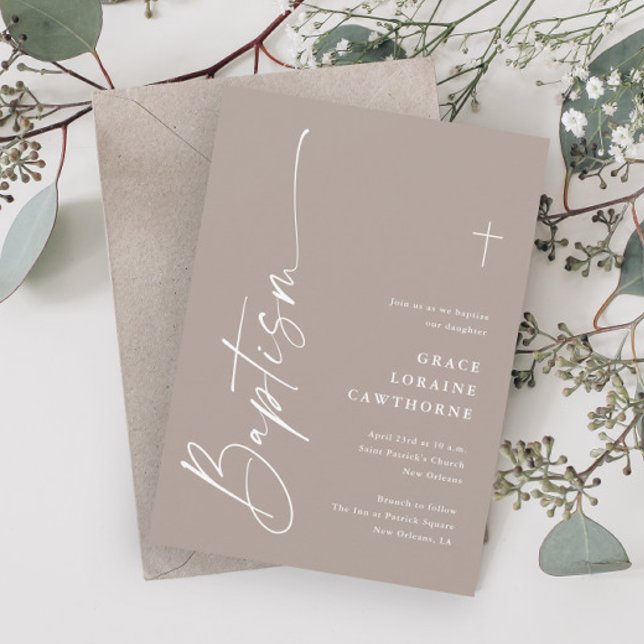 Modern Elegant Script Gender Neutral Boho Baptism Invitation (Modern Elegant Script Boho Gender Neutral Baptism Invitations.)