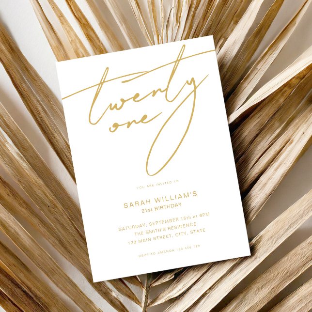 Modern Elegant Script Gold 21st Birthday Party Invitation (Creator Uploaded)