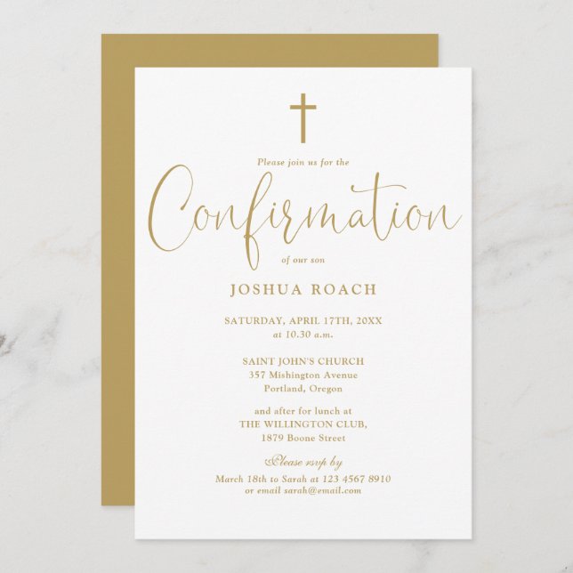 Modern Elegant Script Gold Confirmation Invitation (Front/Back)