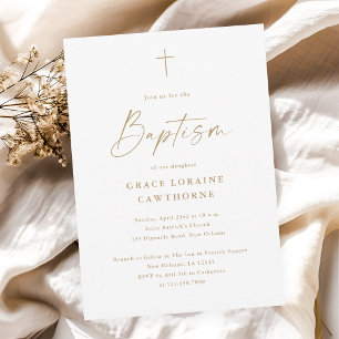 Modern Elegant Script Gold Cross Baptism Invitation