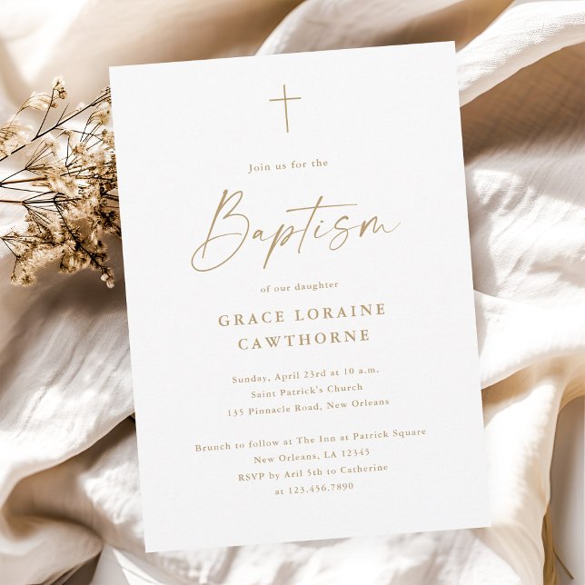 Modern Elegant Script Gold Cross Baptism Invitation (Modern elegant script gold cross baptism invitation.)