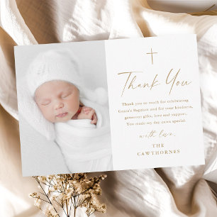 Modern Elegant Script Gold Cross Photo Baptism Thank You Card