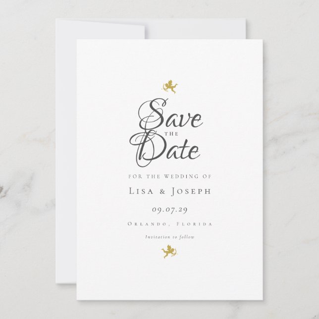 Modern Elegant Script Gold Cupids Save The Date (Front)