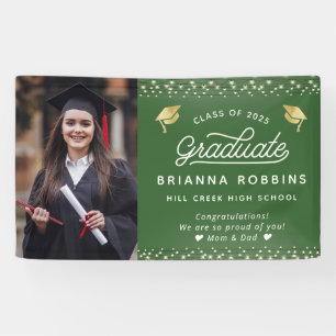 Modern Elegant Script Gold Graduation Photo Green Banner