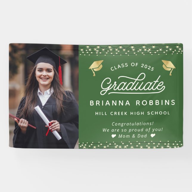 Modern Elegant Script Gold Graduation Photo Green Banner (Horizontal)