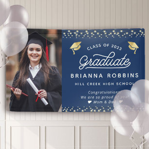 Modern Elegant Script Gold Graduation Photo Navy Banner