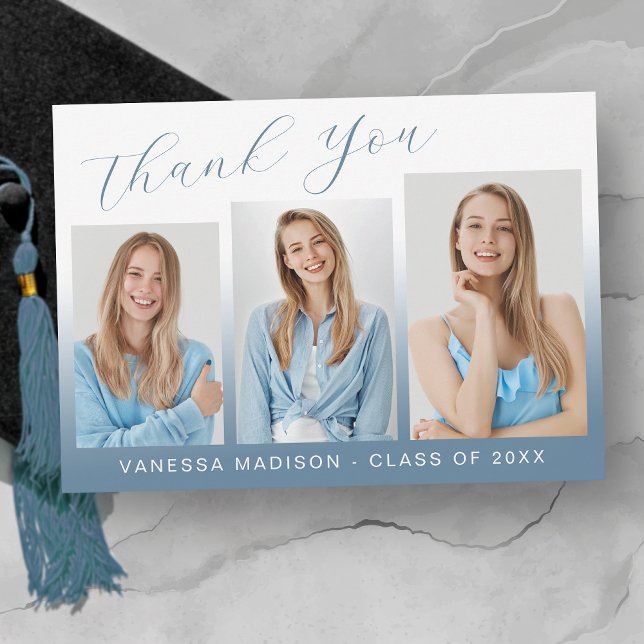 Modern Elegant Script Gradient Blue 3 Photo Grad Thank You Card (Creator Uploaded)
