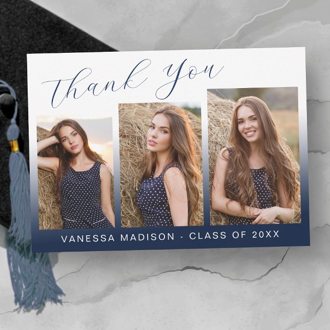 Modern Elegant Script Gradient Navy 3 Photo Grad Thank You Card (Creator Uploaded)