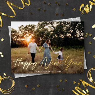 Modern Elegant Script Happy New Year Photo Gold Foil Holiday Card