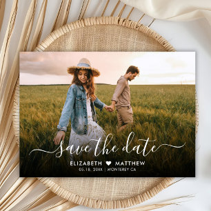 Modern Elegant Script Heart One Photo Wedding Save The Date