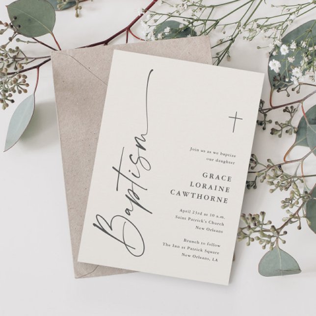 Modern Elegant Script Ivory Neutral Baptism Invitation (Creator Uploaded)