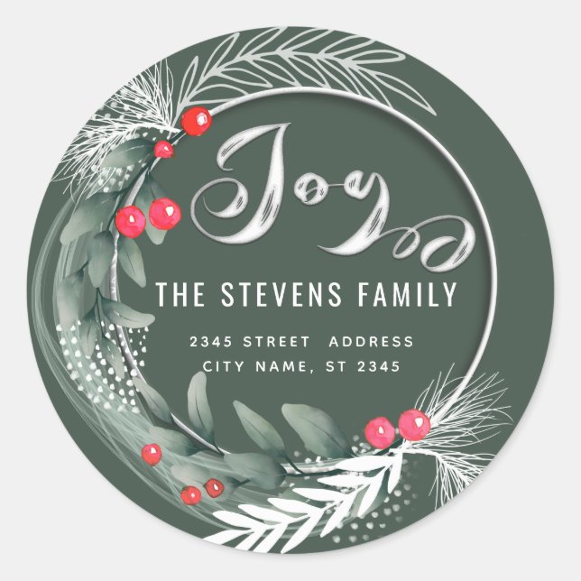 Modern elegant script joy winter botanical classic round sticker (Front)
