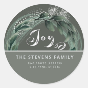 Modern elegant script joy winter botanical classic round sticker