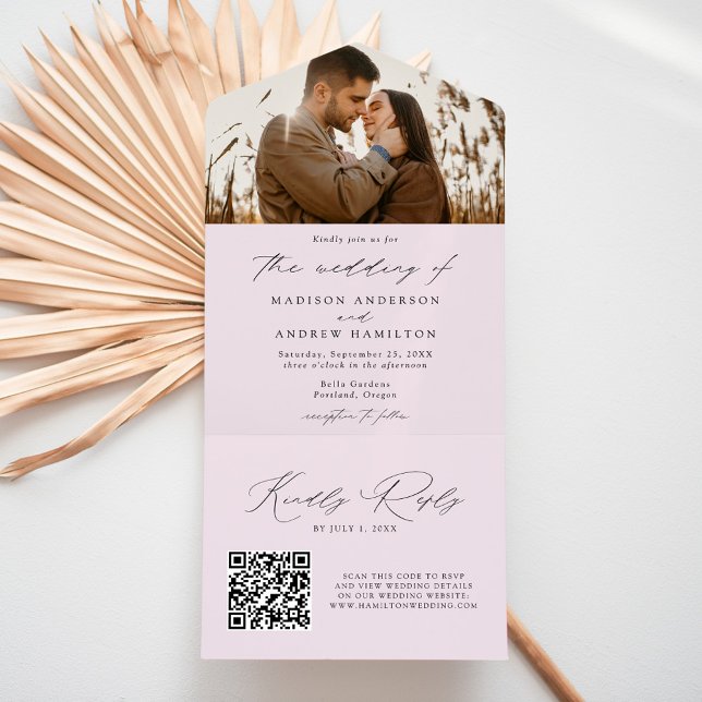 Modern Elegant Script Lavender Photo Wedding All In One Invitation (Creator Uploaded)