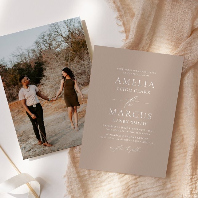 Modern Elegant Script Light Taupe Wedding Invitation (This elegant light taupe invitation features a modern script and a custom photo back.)