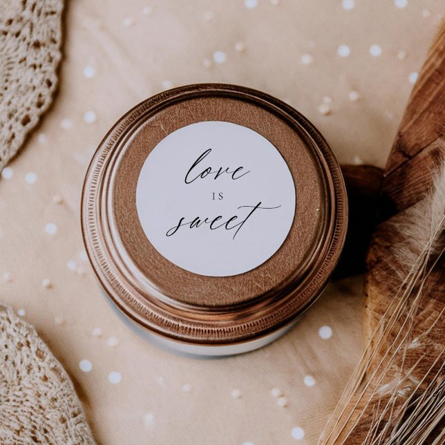 Modern Elegant Script Love Is Sweet Favours Classic Round Sticker (Creator Uploaded)