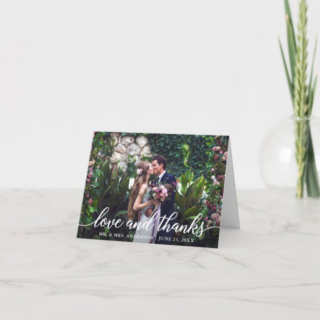 Modern Elegant Script Love Thanks Wedding Note Thank You Card (Front)