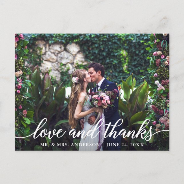 Modern Elegant Script Love Thanks Wedding Photo Postcard (Front)